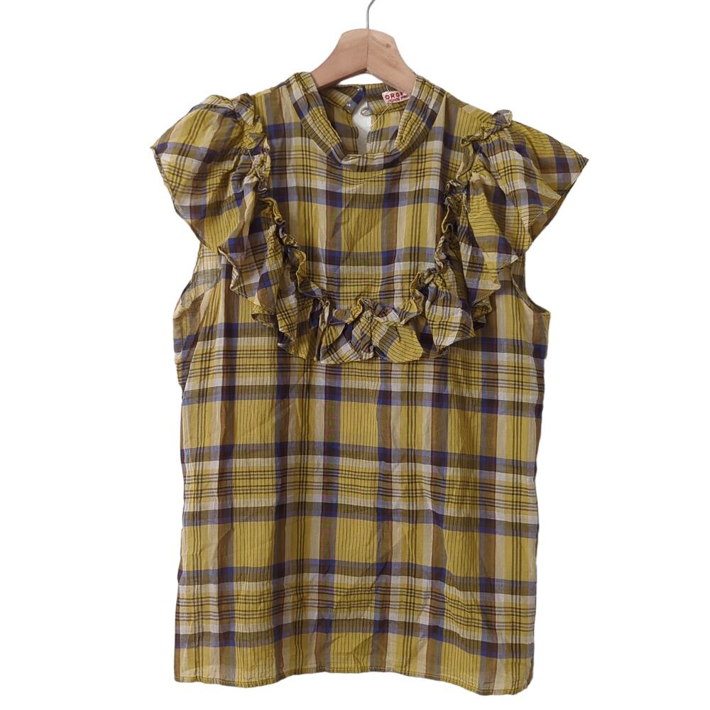 Organic John Patrick‎ Women's Top Size Small Yellow Plaid Preppy Ruffle Academia